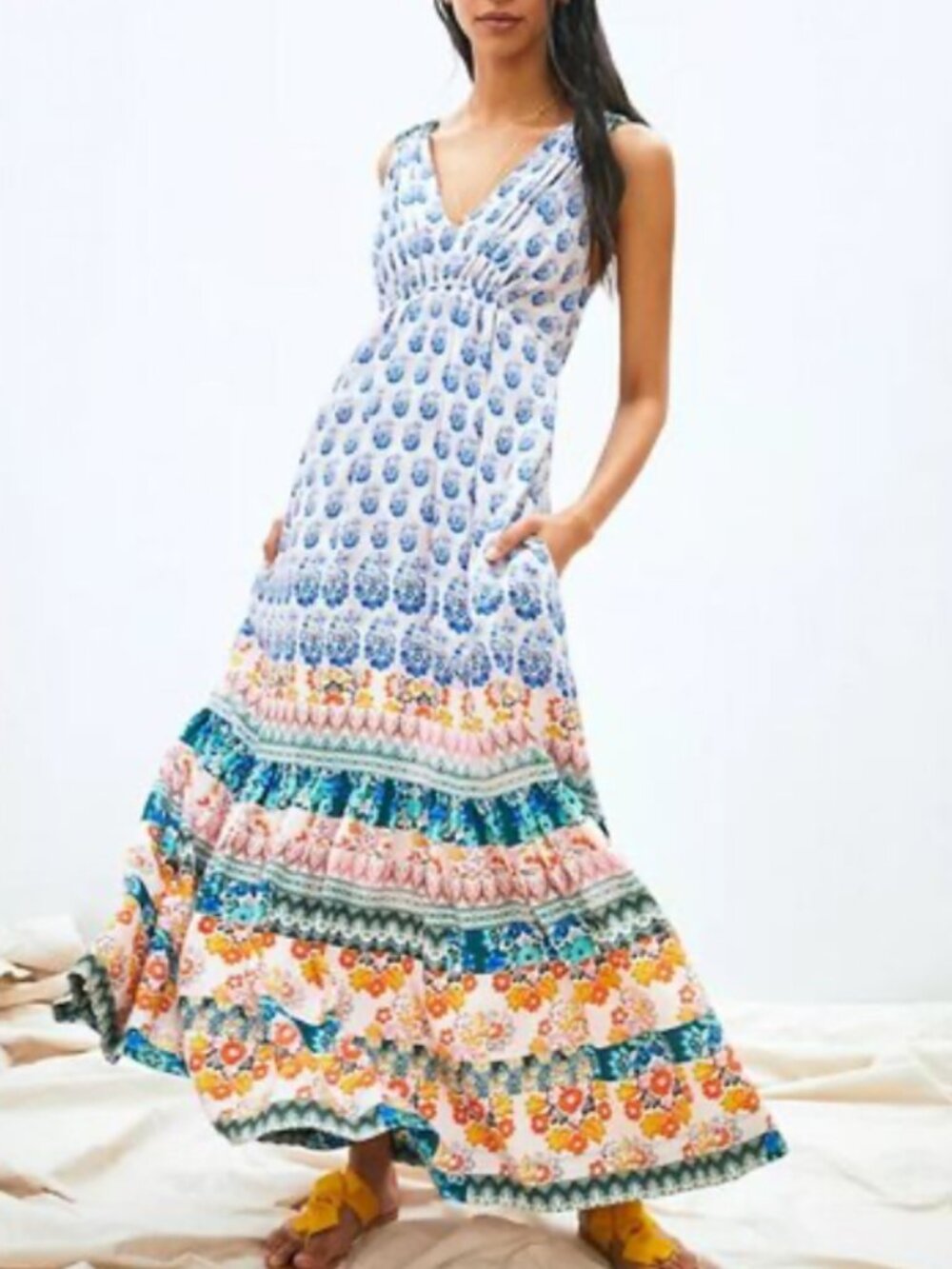 Anthropologie Gathered Tiered Maxi Dress | Blue Paisley Floral | Small